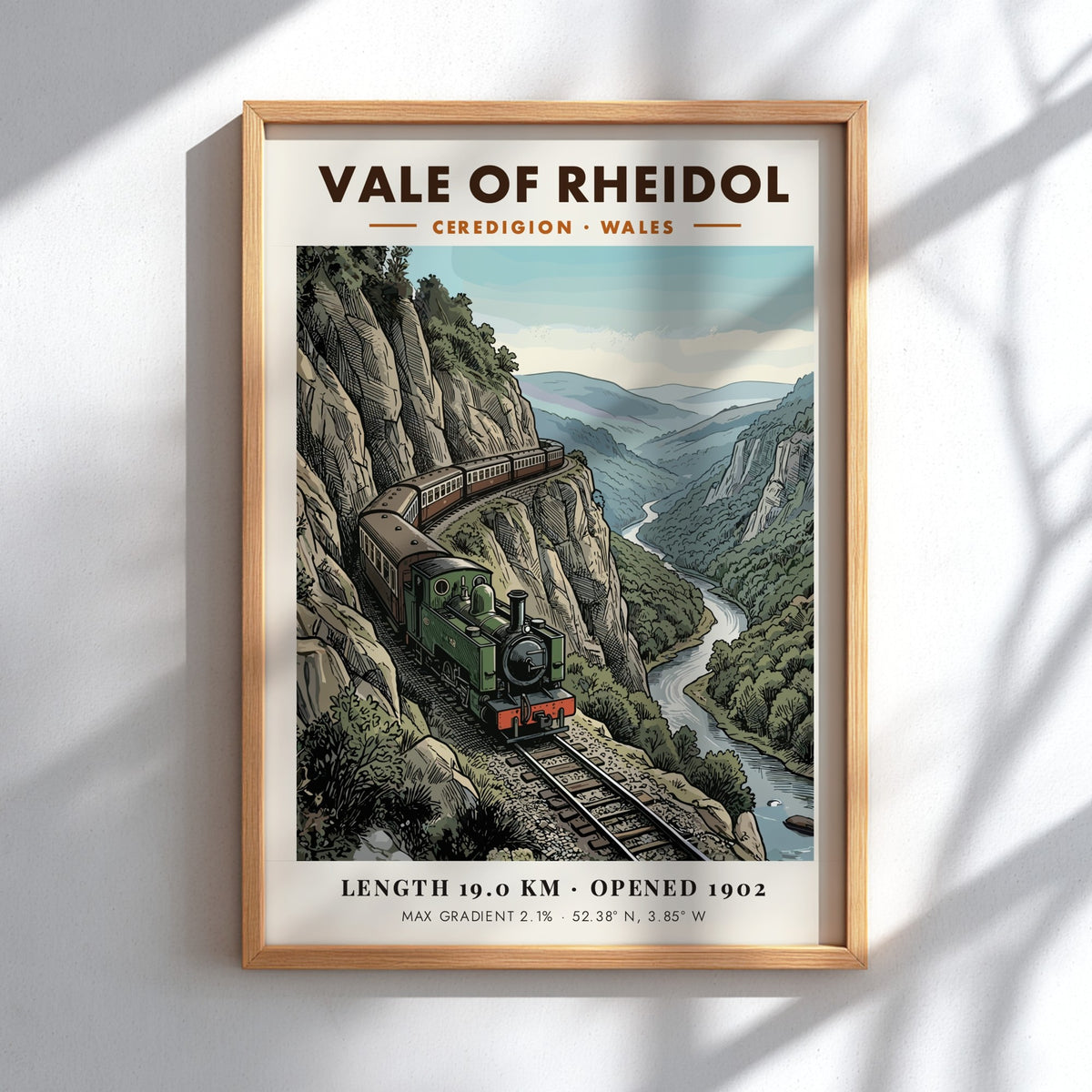 Vale of Rheidol steam train travels along a cliffside in this vintage railway poster.