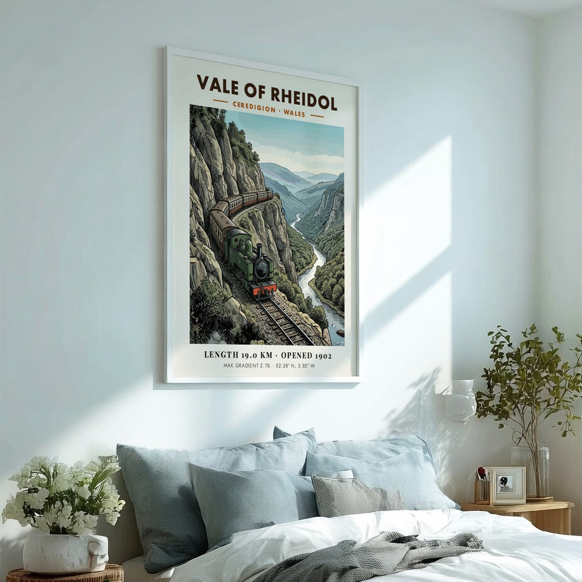 Vale of Rheidol steam train travels along a cliffside in this vintage railway poster.