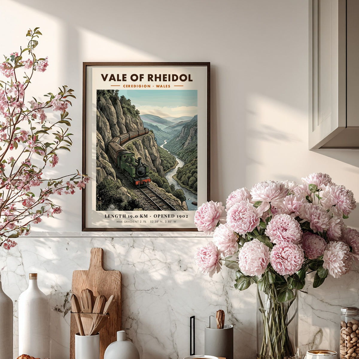 Vale of Rheidol steam train travels along a cliffside in this vintage railway poster.