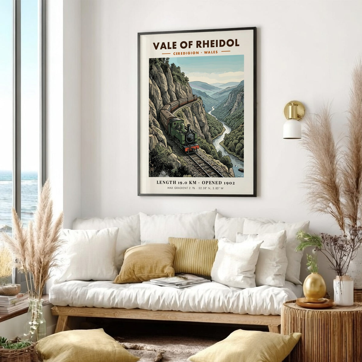 Vale of Rheidol steam train travels along a cliffside in this vintage railway poster.