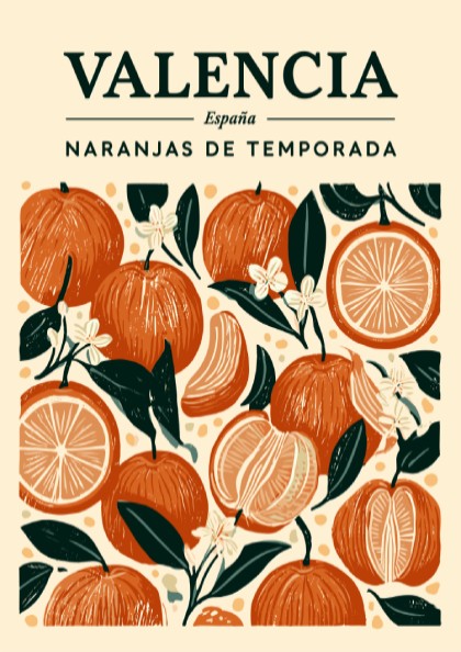 Kitchen poster featuring oranges and blossoms in warm colors, perfect for decor
