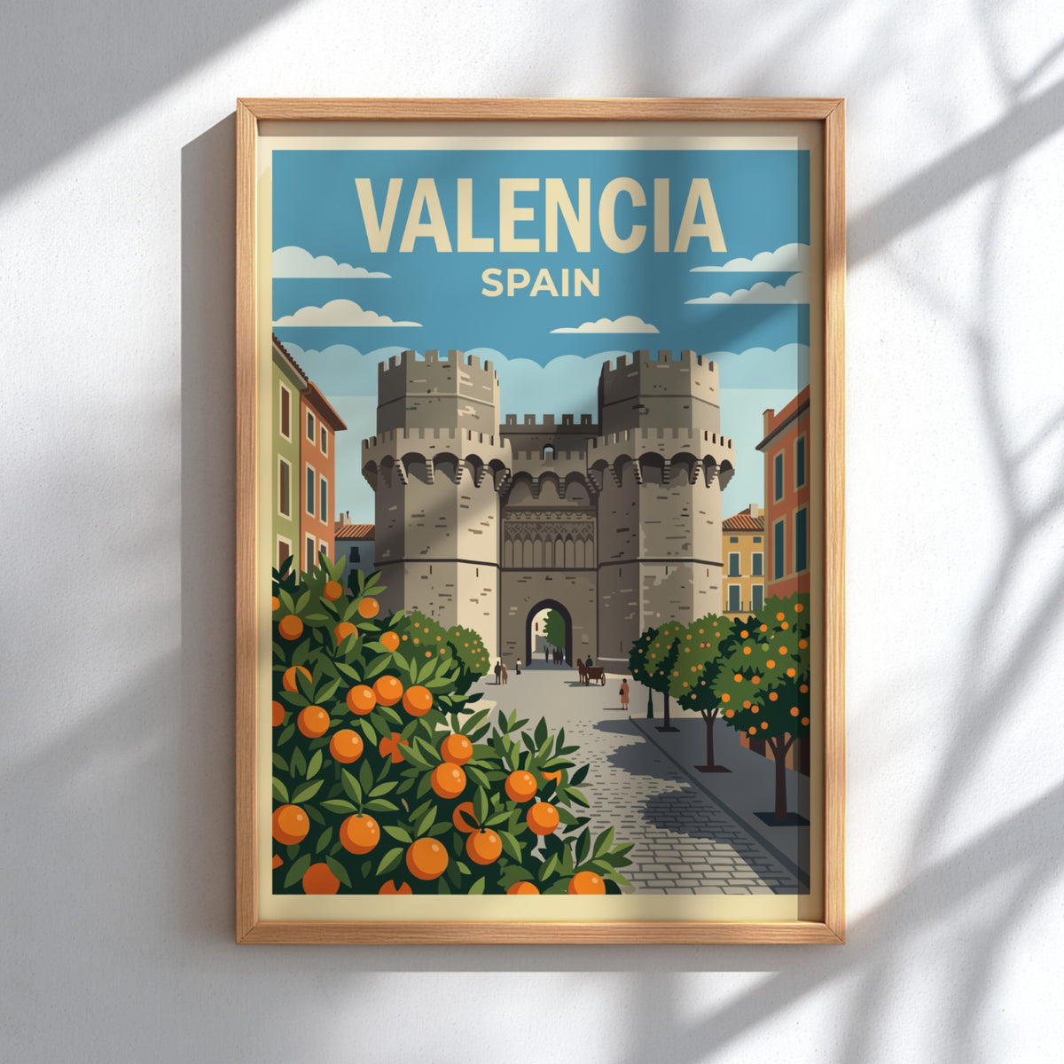 Valencia Spain travel poster featuring historic stone towers framed by lush citrus orange trees.
