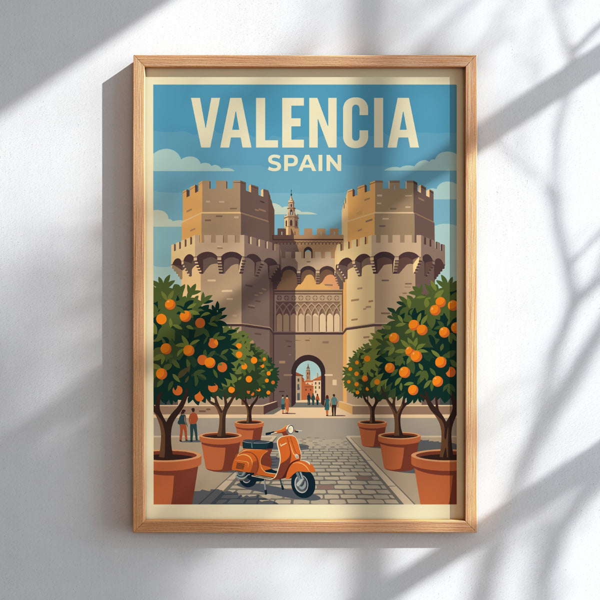 Valencia Spain travel poster featuring stone towers orange trees and a vintage scooter