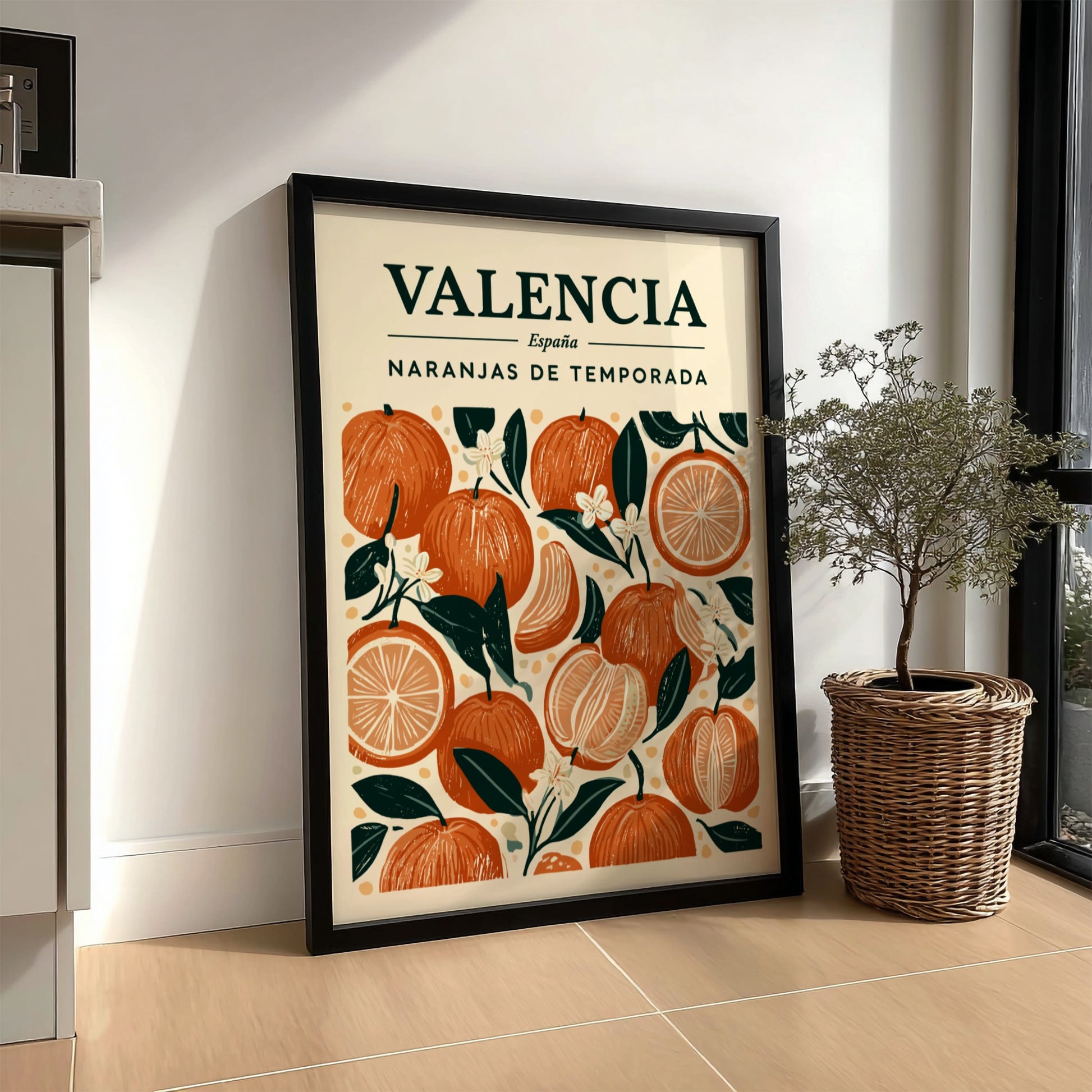 Kitchen poster featuring oranges and blossoms in warm colors, perfect for decor