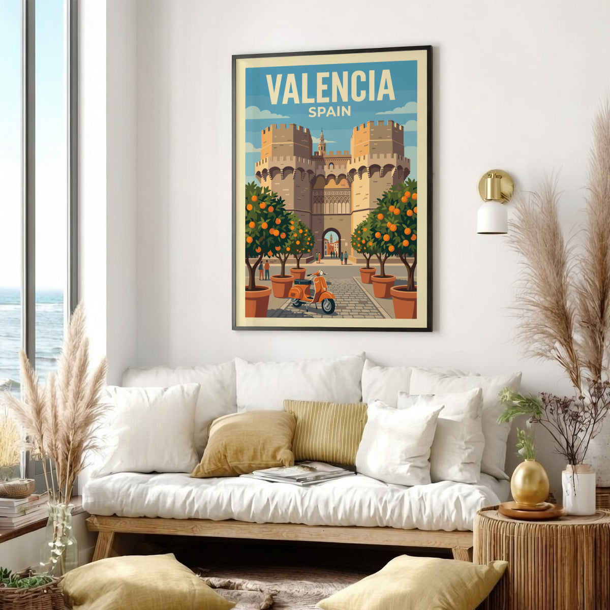 Valencia Spain travel poster featuring stone towers orange trees and a vintage scooter