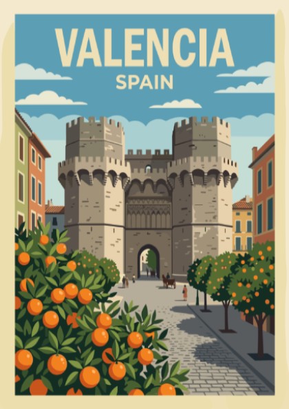 Valencia Spain travel poster featuring historic stone towers framed by lush citrus orange trees.