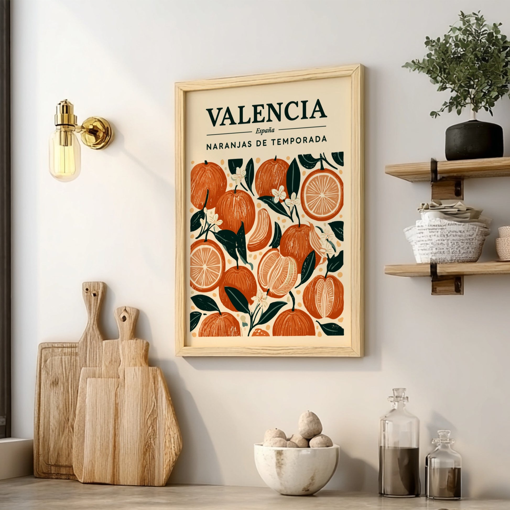 Kitchen poster featuring oranges and blossoms in warm colors, perfect for decor