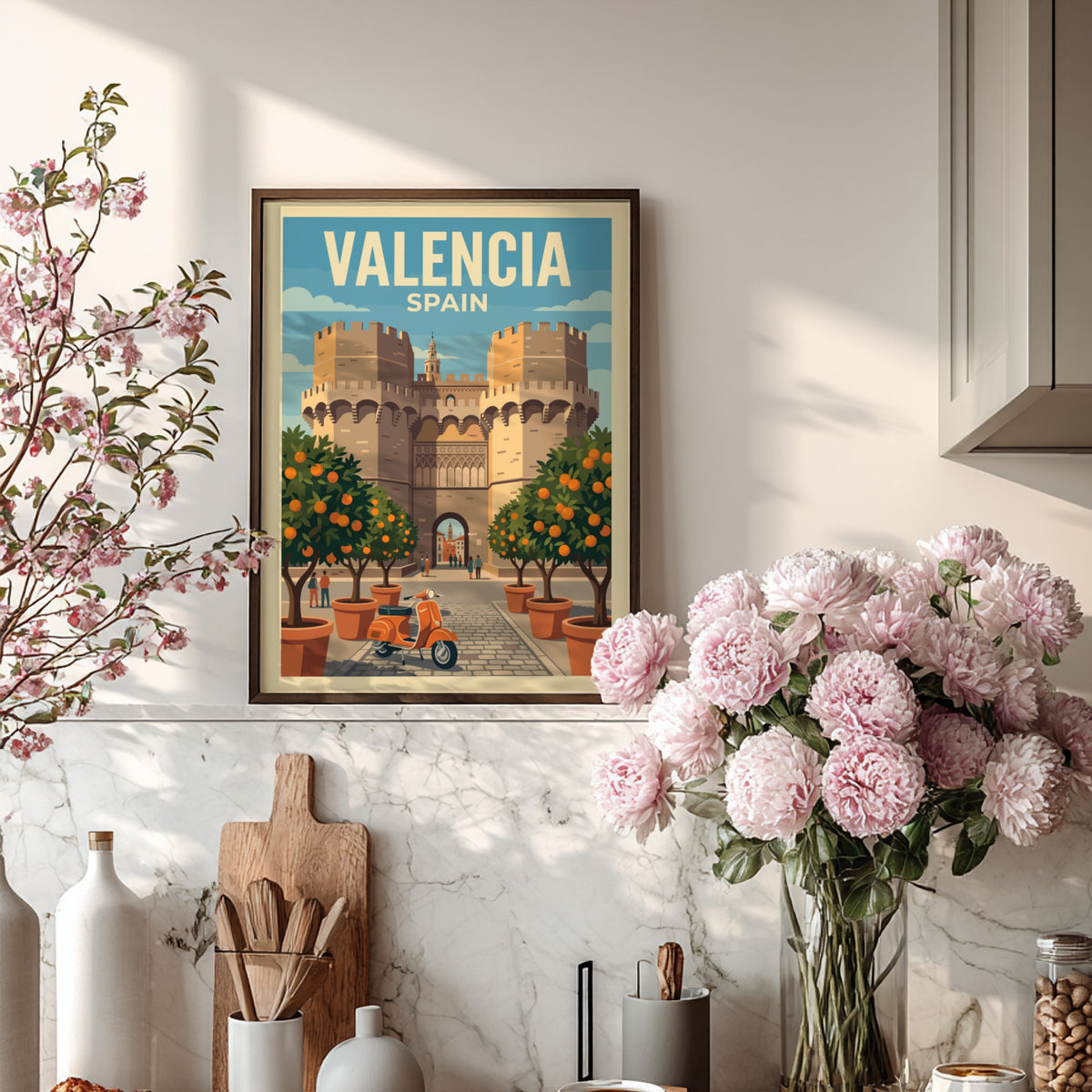 Valencia Spain travel poster featuring stone towers orange trees and a vintage scooter