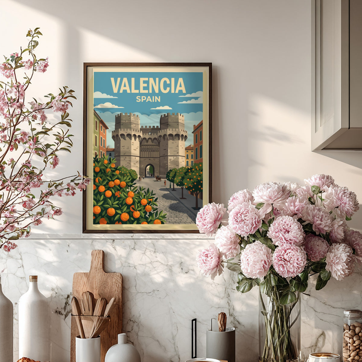 Valencia Spain travel poster featuring historic stone towers framed by lush citrus orange trees.