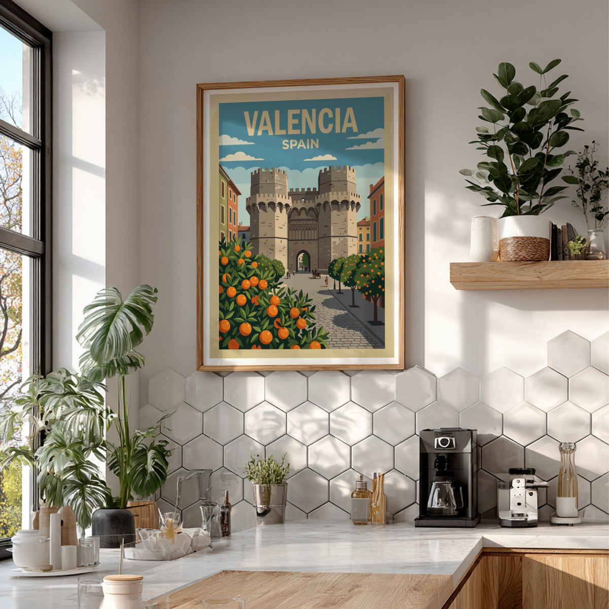 Valencia Spain travel poster featuring historic stone towers framed by lush citrus orange trees.