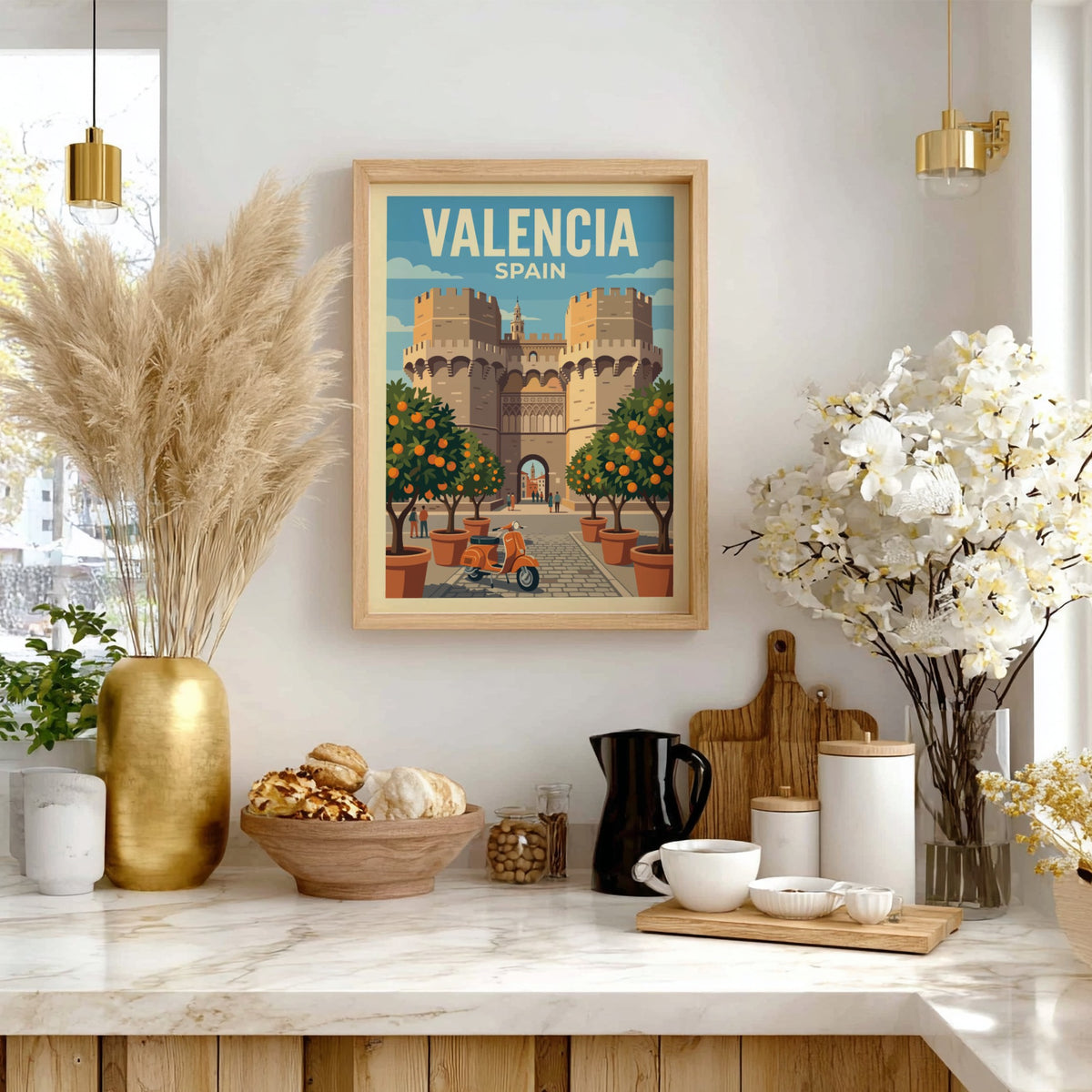Valencia Spain travel poster featuring stone towers orange trees and a vintage scooter