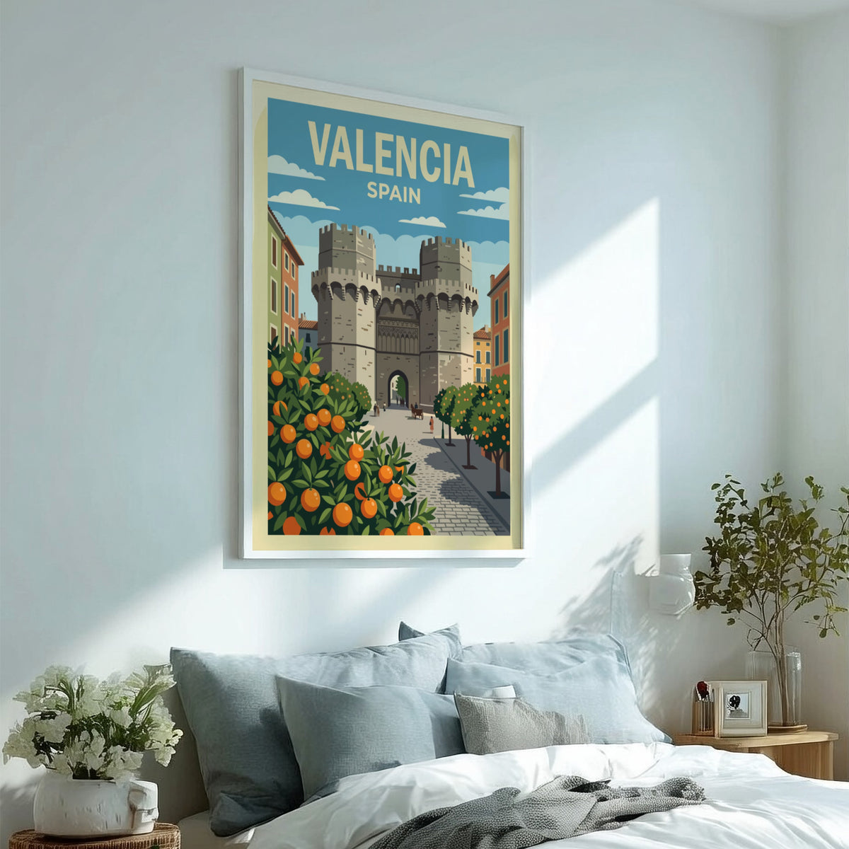 Valencia Spain travel poster featuring historic stone towers framed by lush citrus orange trees.
