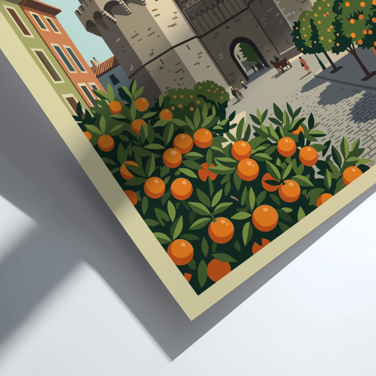 Valencia Spain travel poster featuring historic stone towers framed by lush citrus orange trees.