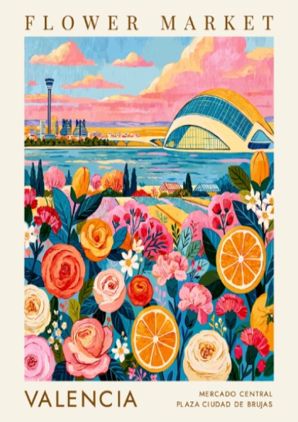 Flower market poster featuring vibrant roses and oranges with a cityscape background in warm colors
