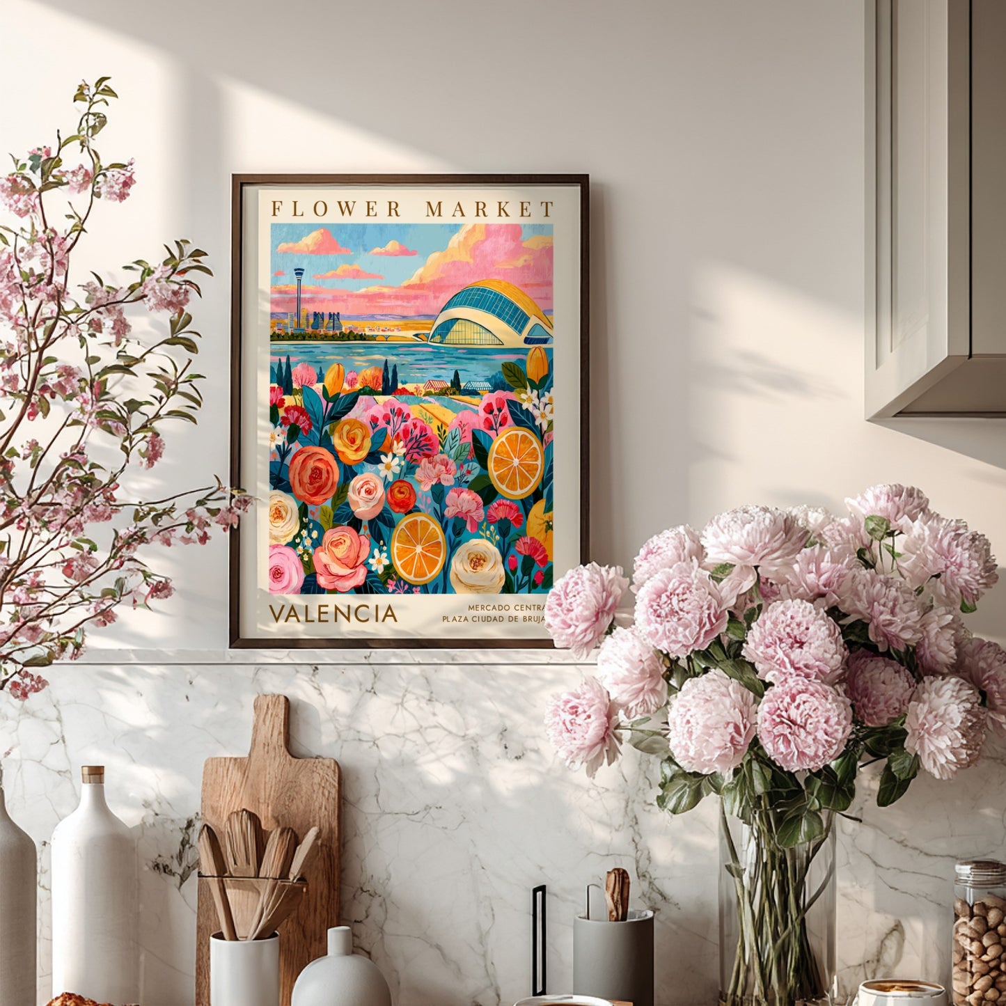 Flower market poster featuring vibrant roses and oranges with a cityscape background in warm colors