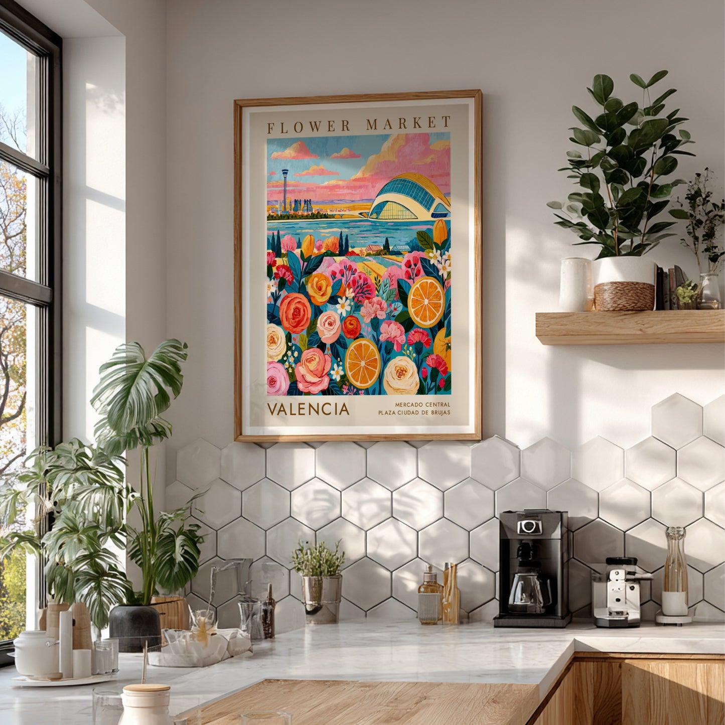 Flower market poster featuring vibrant roses and oranges with a cityscape background in warm colors