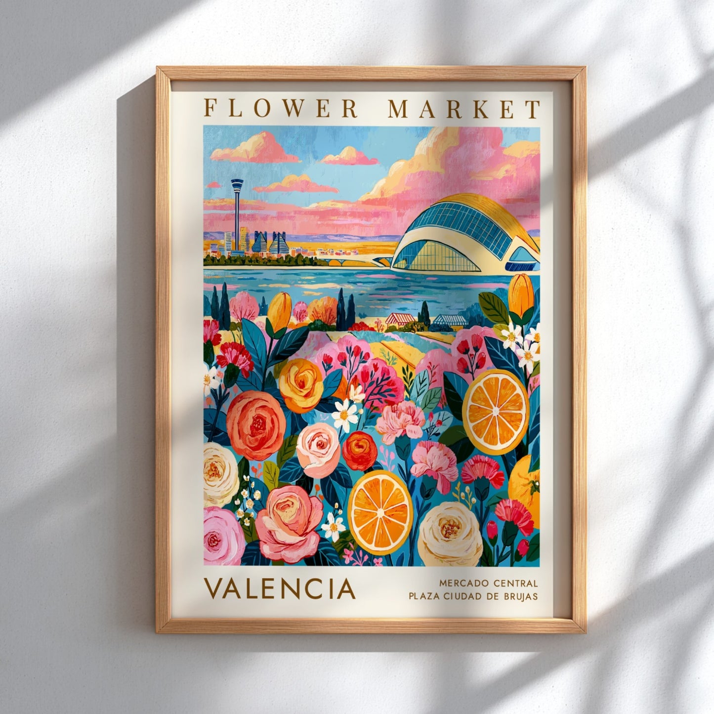 Flower market poster featuring vibrant roses and oranges with a cityscape background in warm colors