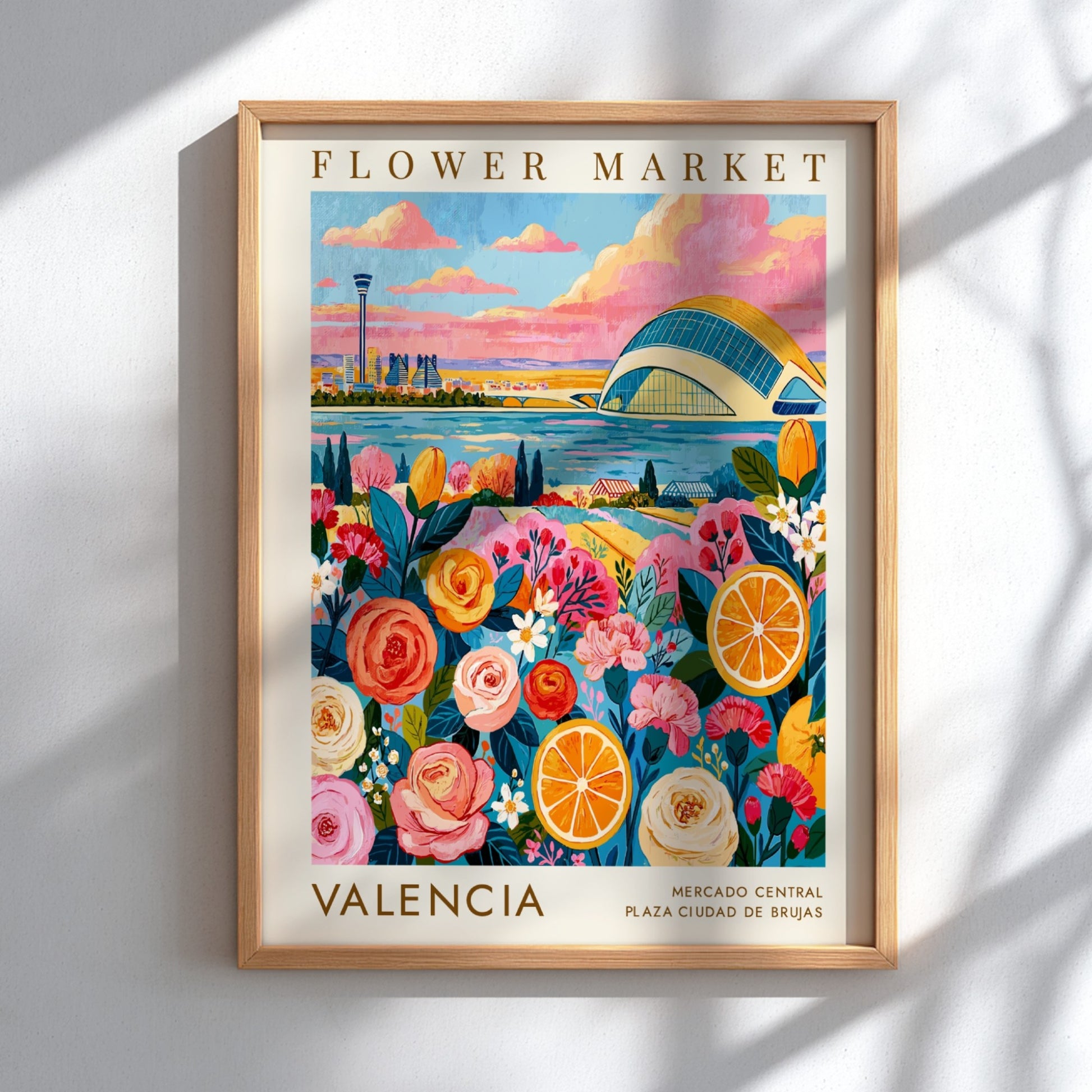 Flower market poster featuring vibrant roses and oranges with a cityscape background in warm colors