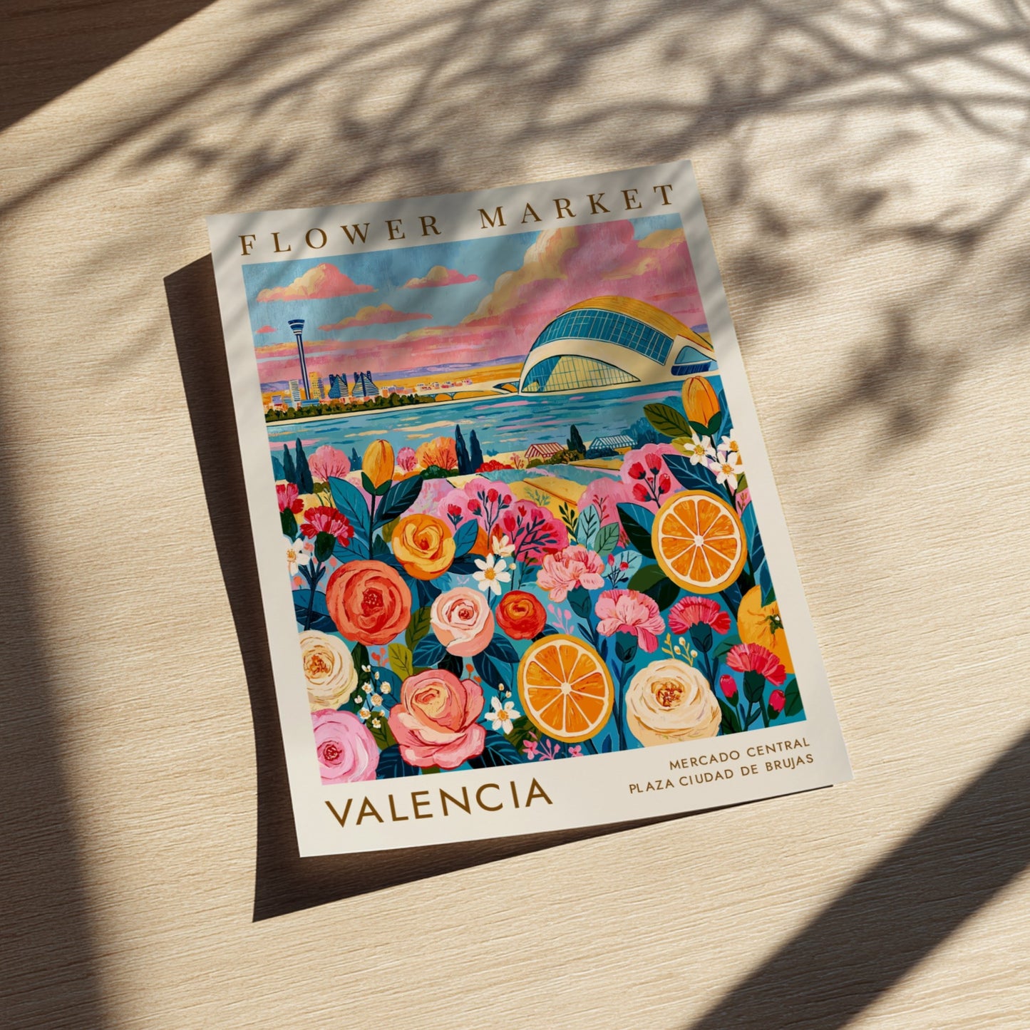 Flower market poster featuring vibrant roses and oranges with a cityscape background in warm colors