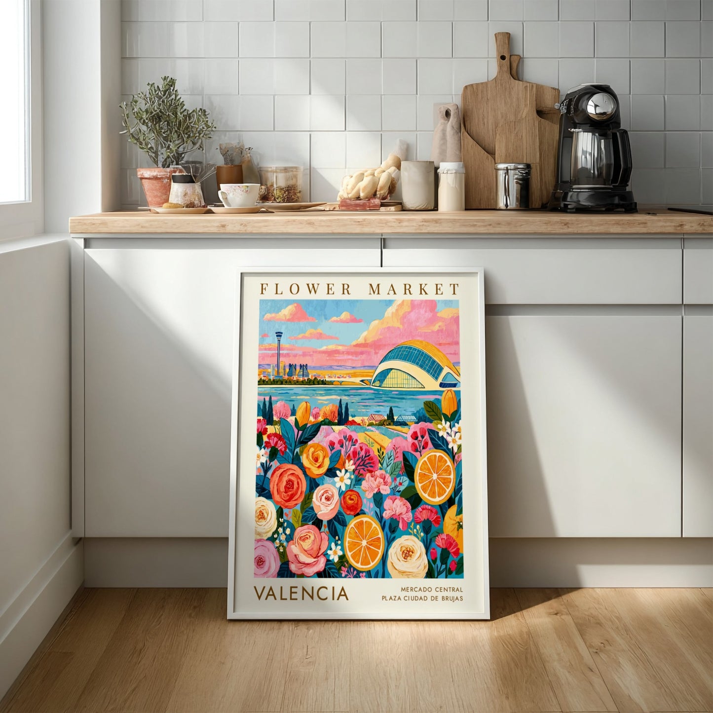 Flower market poster featuring vibrant roses and oranges with a cityscape background in warm colors