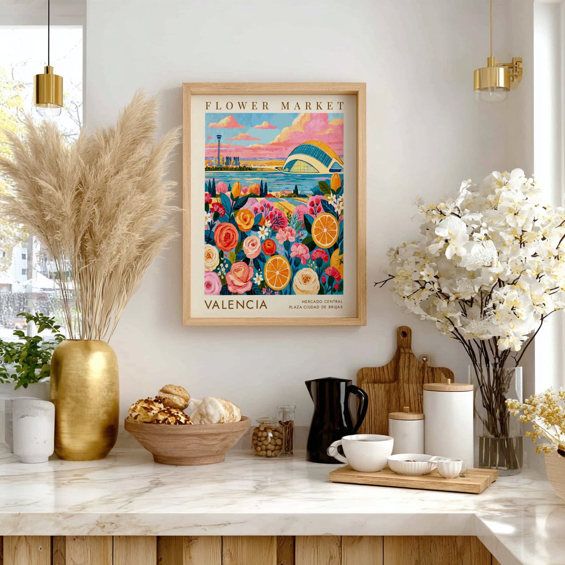 Flower market poster featuring vibrant roses and oranges with a cityscape background in warm colors
