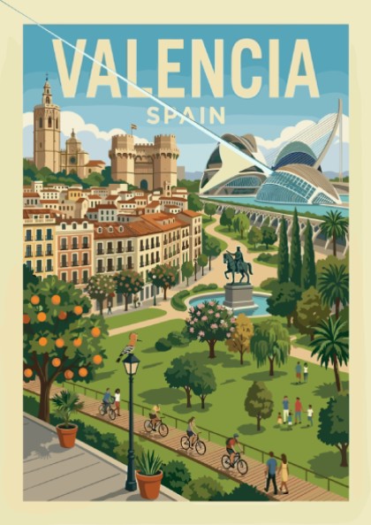 Valencia cityscape travel poster with historic buildings and modern architecture, in a warm, illustrative