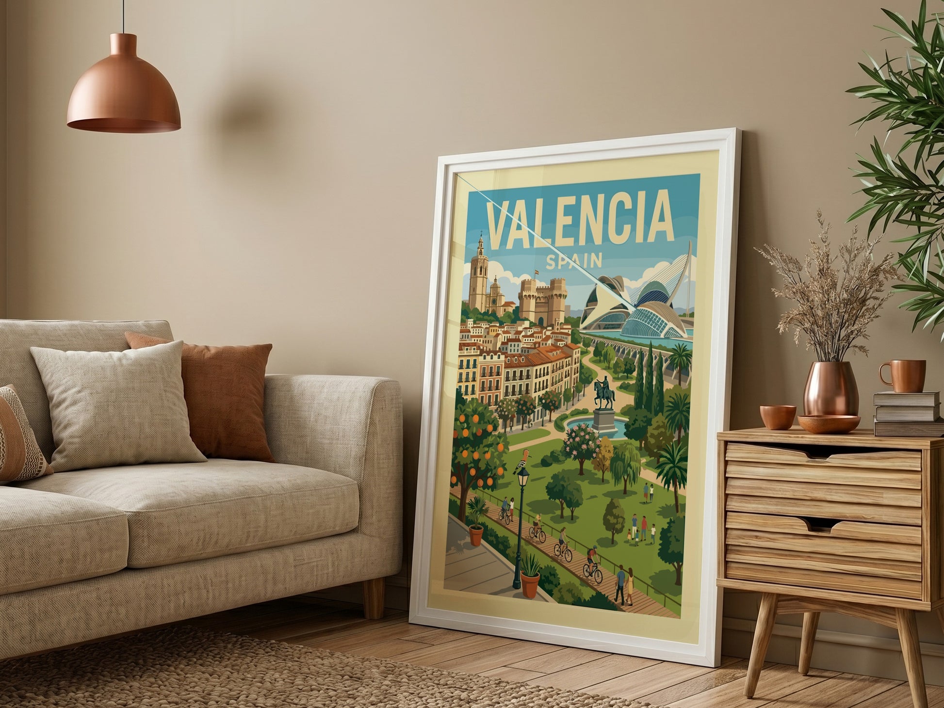 Valencia cityscape travel poster with historic buildings and modern architecture, in a warm, illustrative