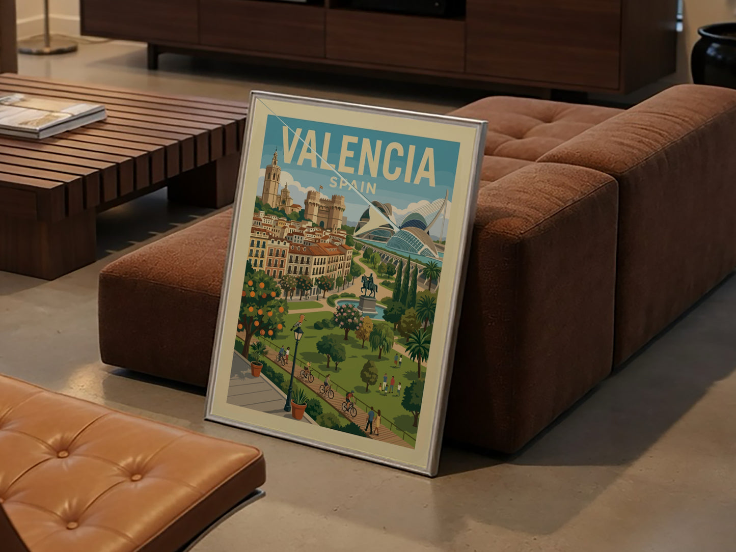 Valencia cityscape travel poster with historic buildings and modern architecture, in a warm, illustrative
