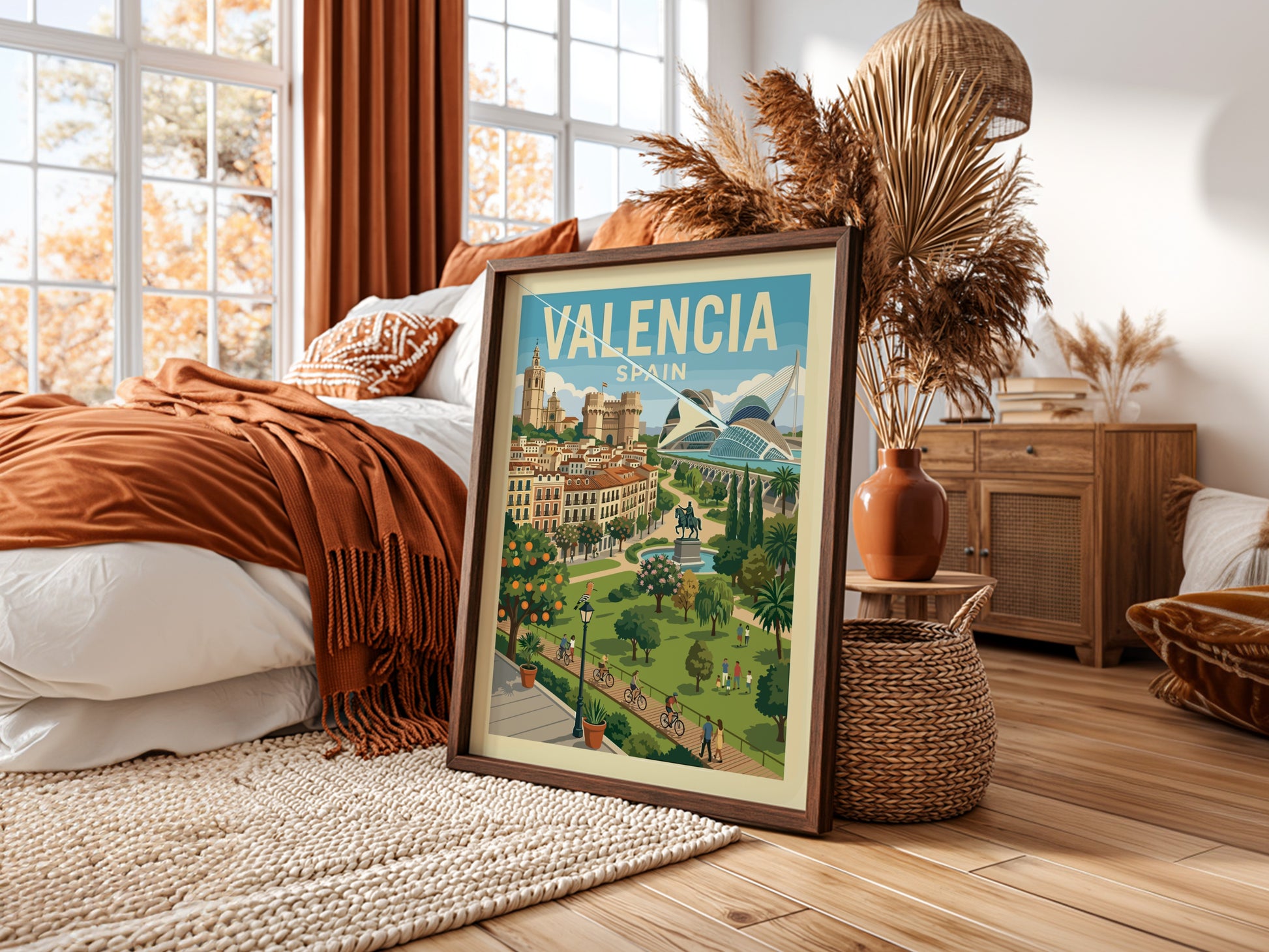 Valencia cityscape travel poster with historic buildings and modern architecture, in a warm, illustrative