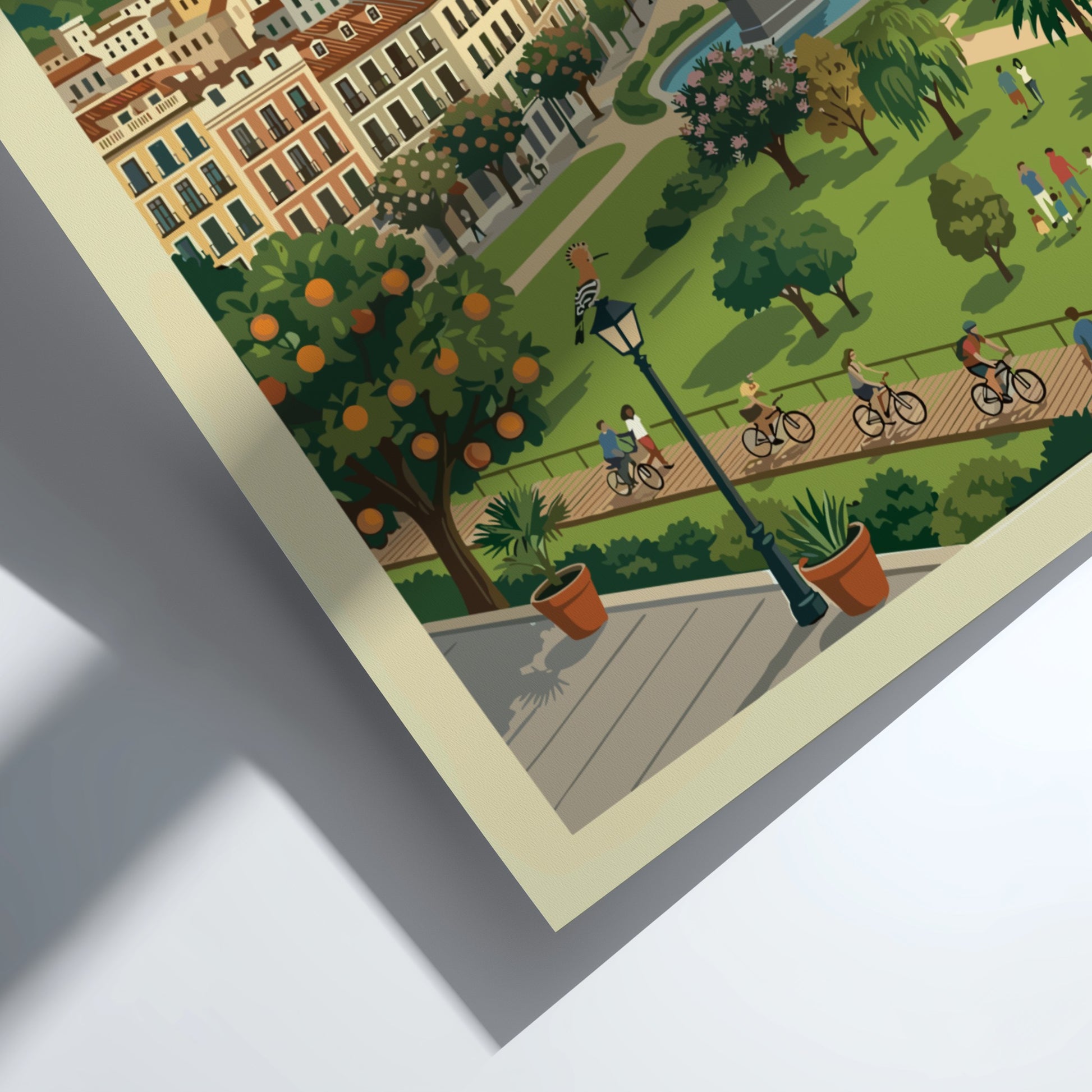 Valencia cityscape travel poster with historic buildings and modern architecture, in a warm, illustrative