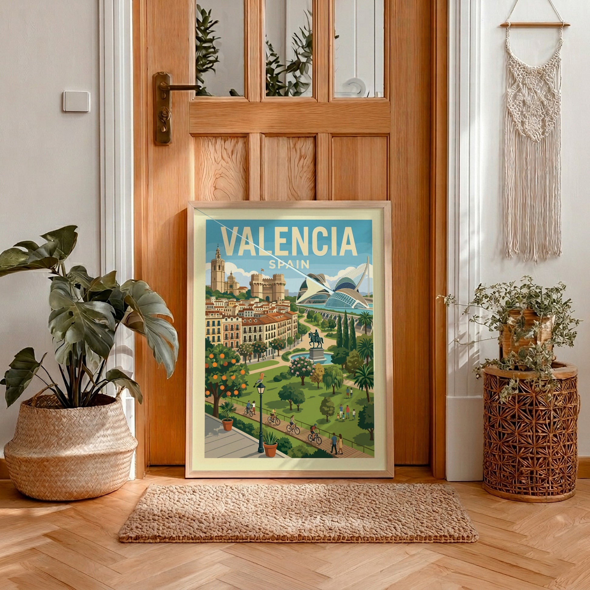 Valencia cityscape travel poster with historic buildings and modern architecture, in a warm, illustrative