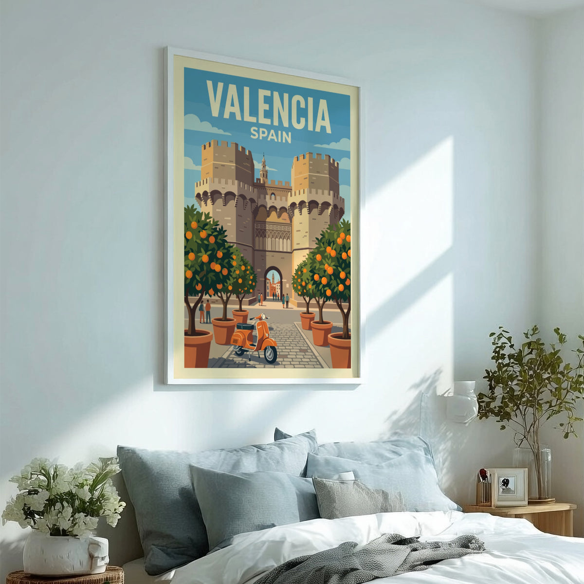 Valencia Spain travel poster featuring stone towers orange trees and a vintage scooter