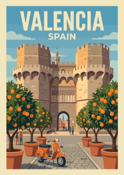 Valencia Spain travel poster featuring stone towers orange trees and a vintage scooter