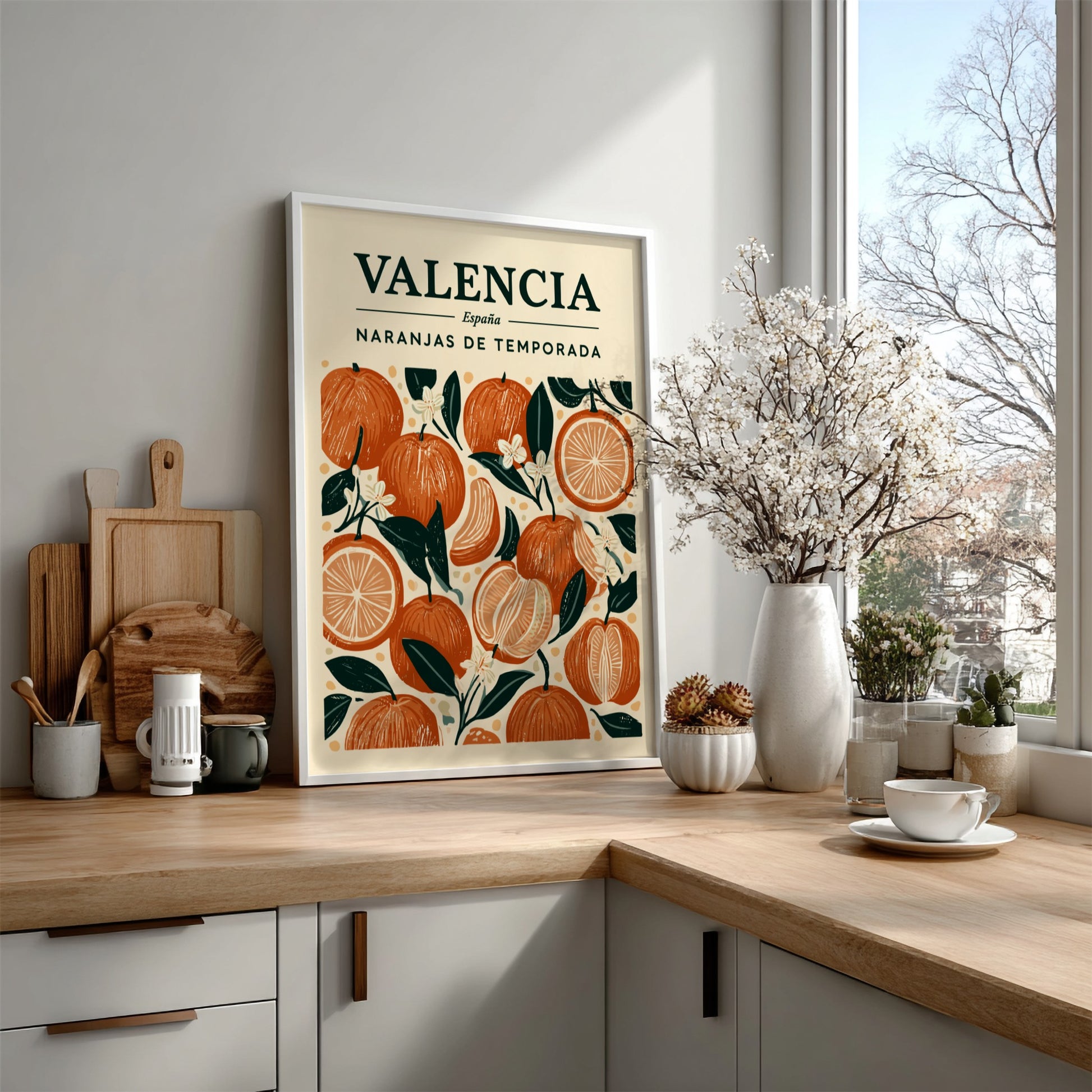 Kitchen poster featuring oranges and blossoms in warm colors, perfect for decor