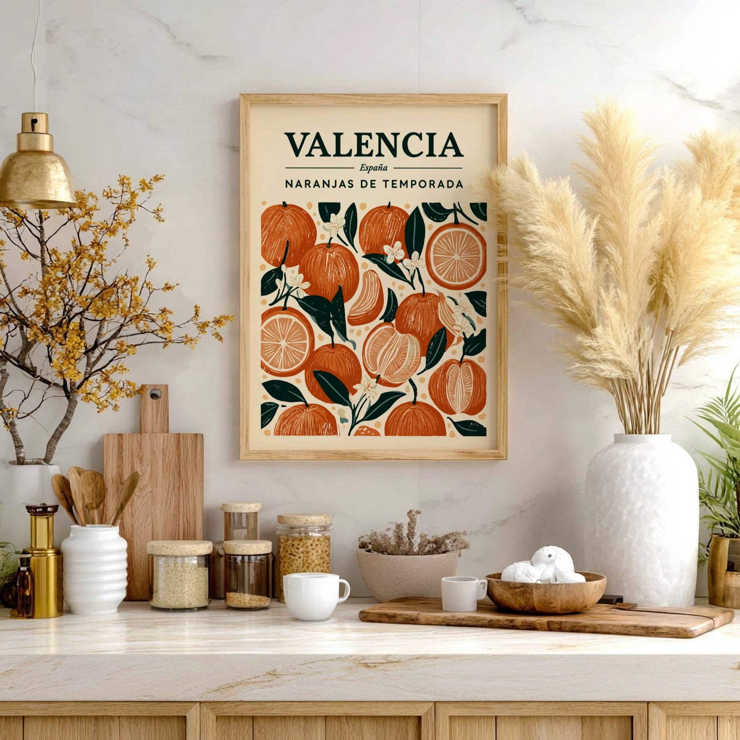 Kitchen poster featuring oranges and blossoms in warm colors, perfect for decor