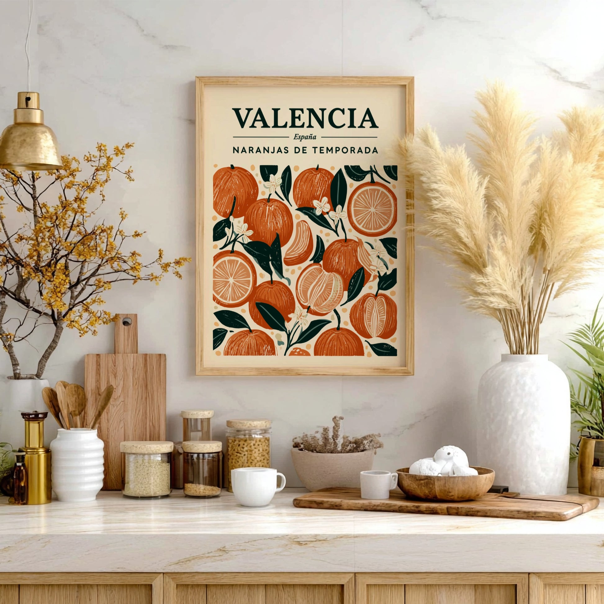 Kitchen poster featuring oranges and blossoms in warm colors, perfect for decor