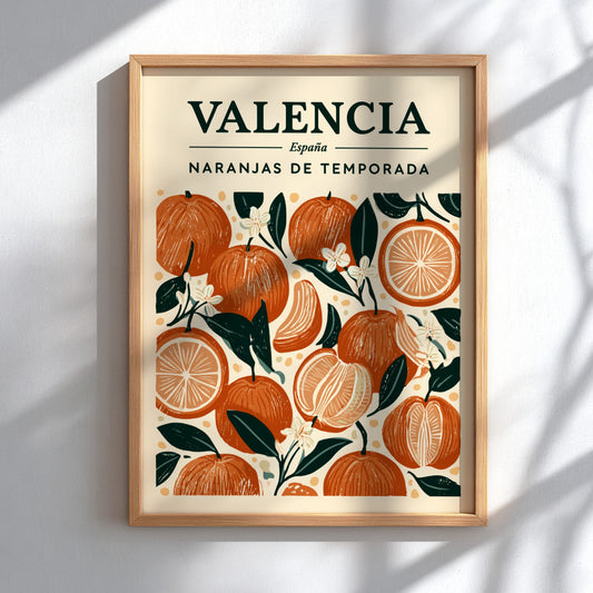 Kitchen poster featuring oranges and blossoms in warm colors, perfect for decor