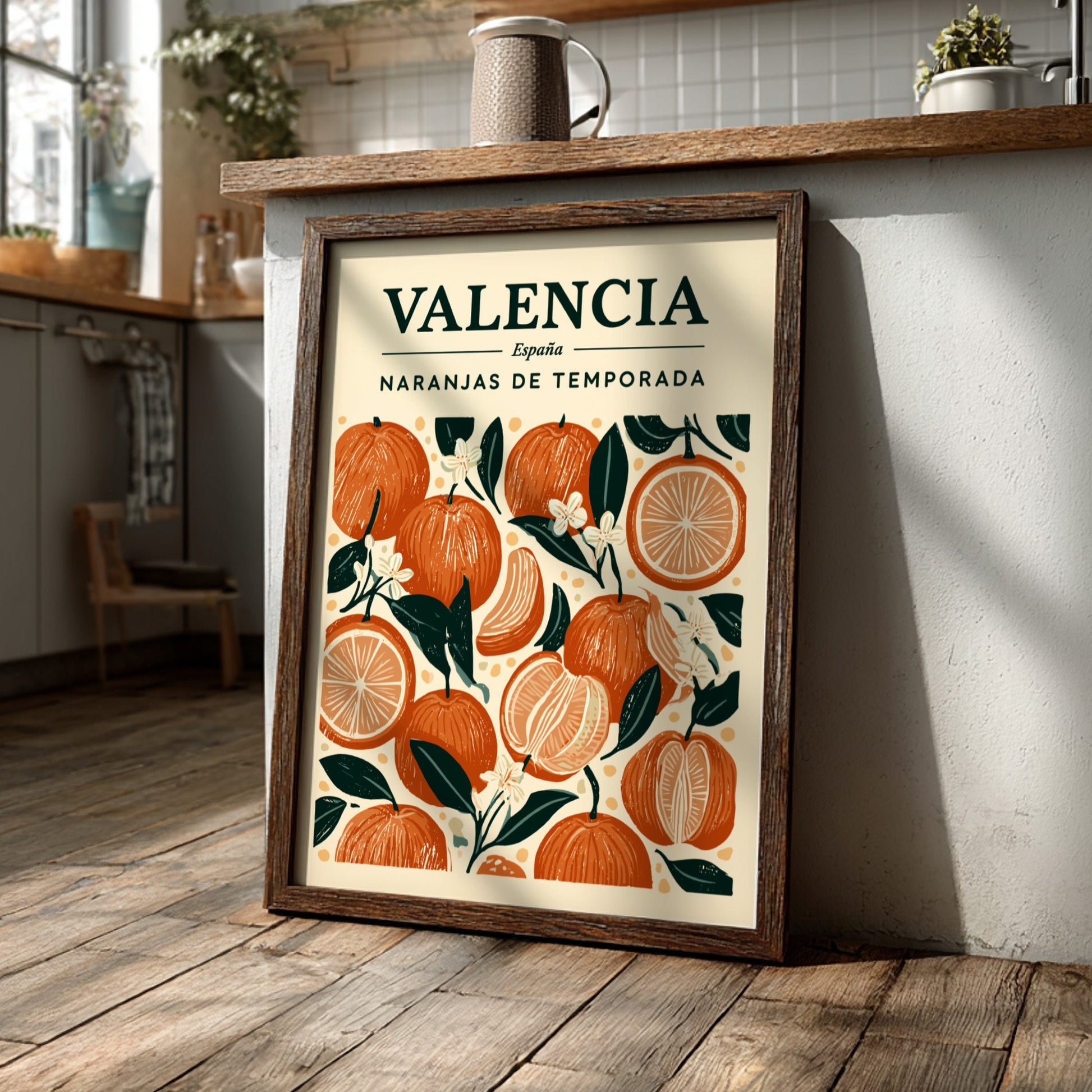 Kitchen poster featuring oranges and blossoms in warm colors, perfect for decor