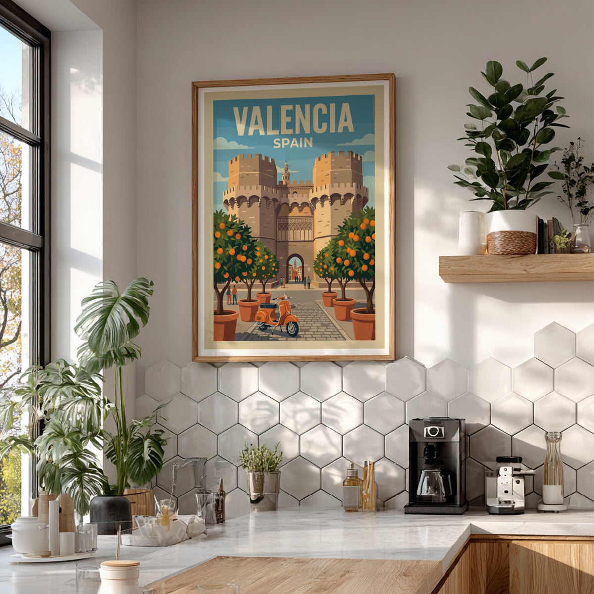 Valencia Spain travel poster featuring stone towers orange trees and a vintage scooter