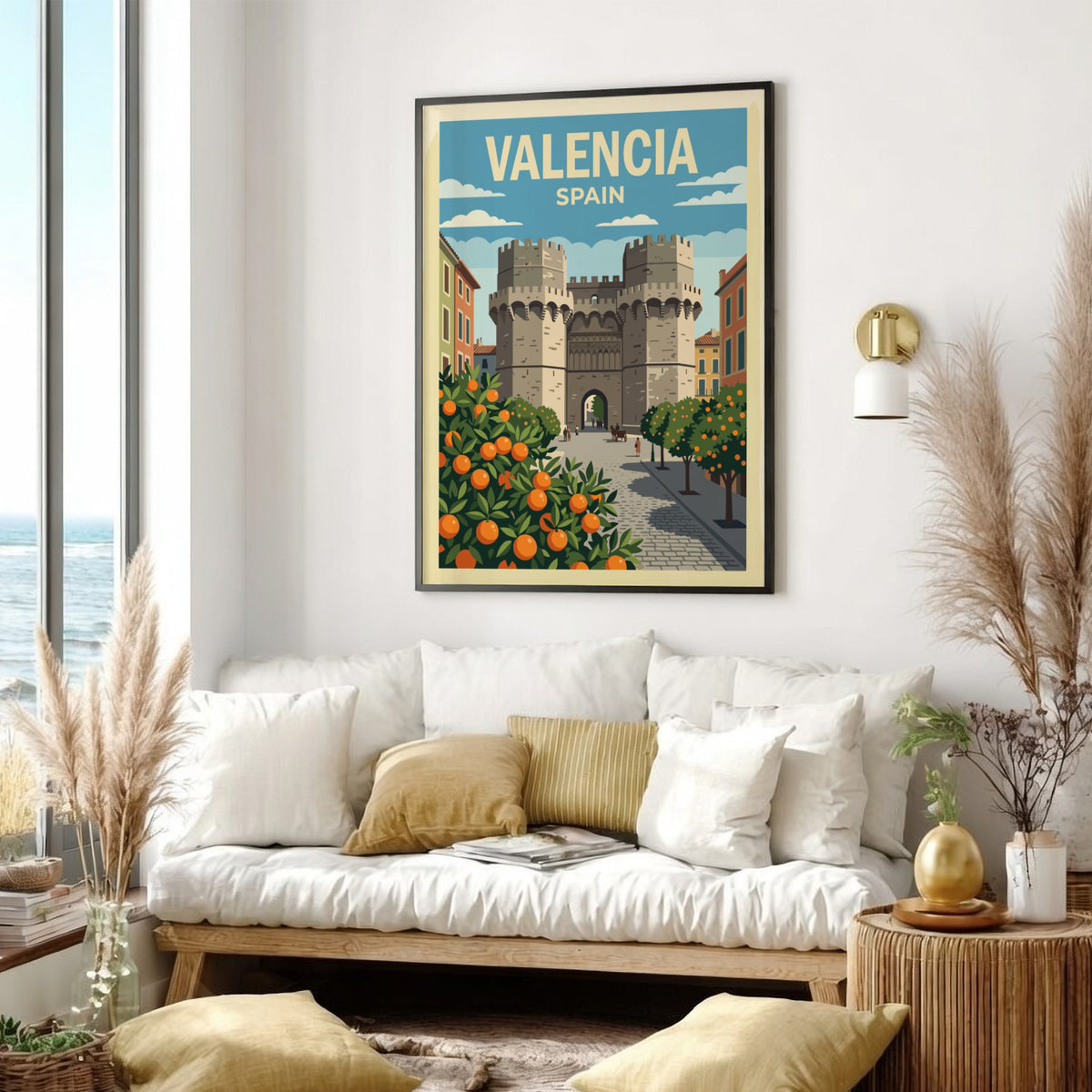 Valencia Spain travel poster featuring historic stone towers framed by lush citrus orange trees.