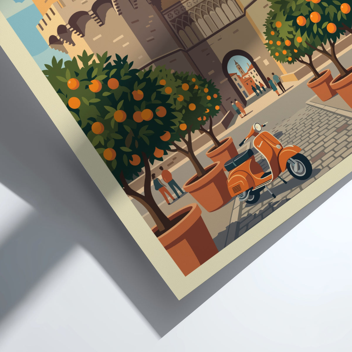 Valencia Spain travel poster featuring stone towers orange trees and a vintage scooter