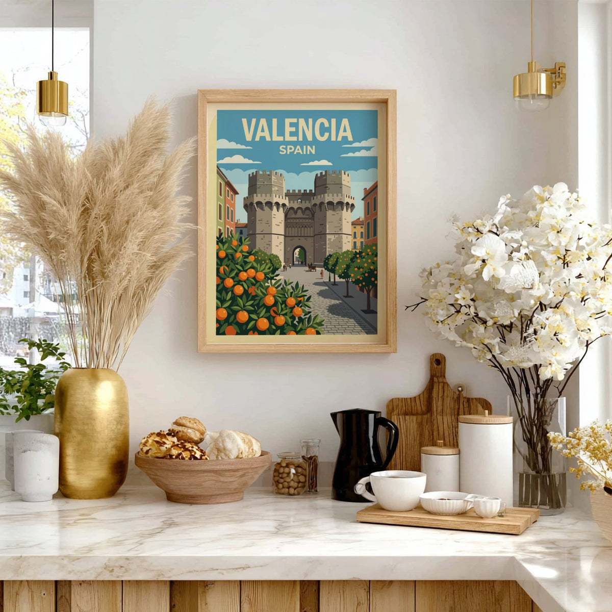 Valencia Spain travel poster featuring historic stone towers framed by lush citrus orange trees.