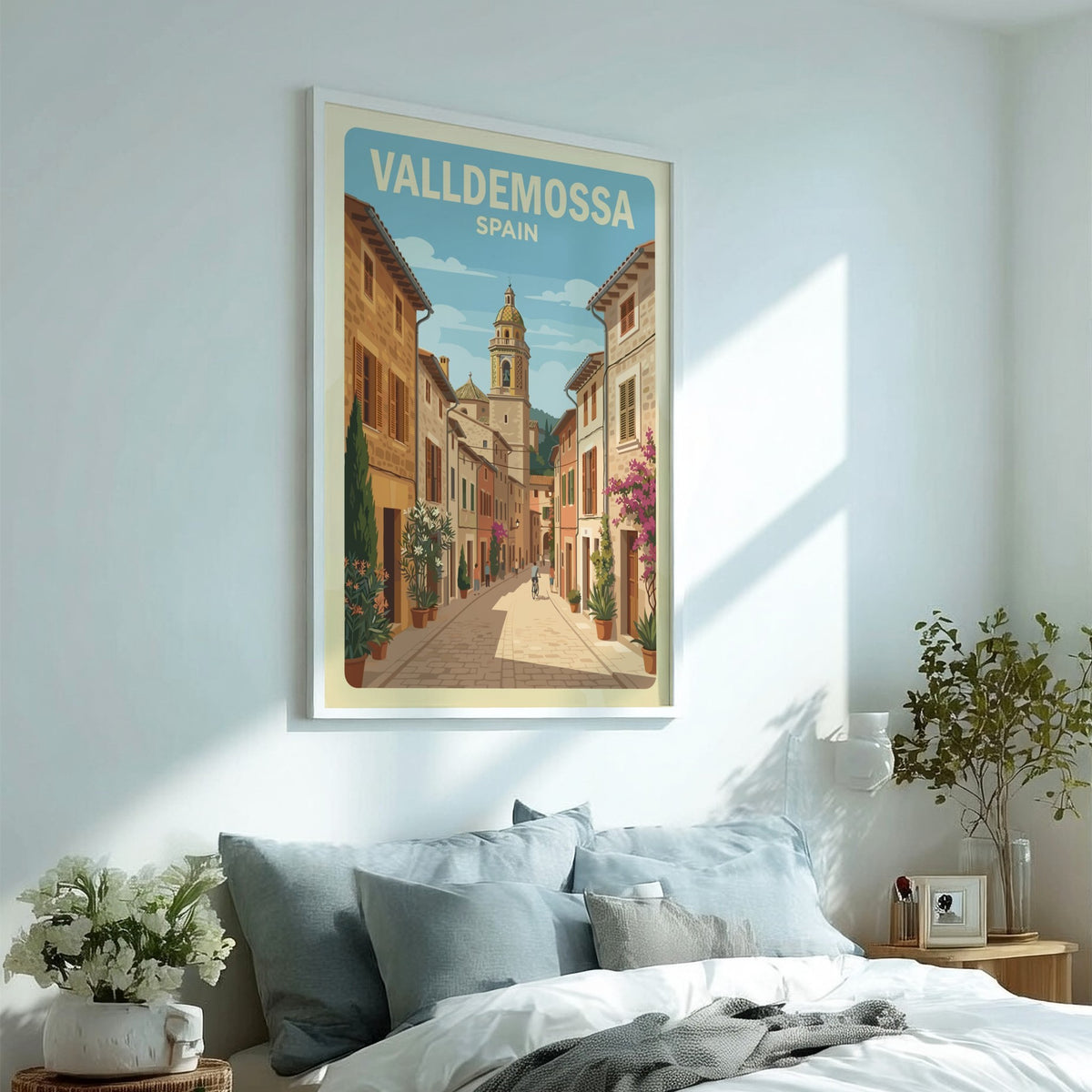 Poster of Valldemossa Spain showing a cobblestone street, stone buildings, and church tower.