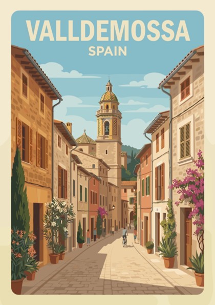 Poster of Valldemossa Spain showing a cobblestone street, stone buildings, and church tower.