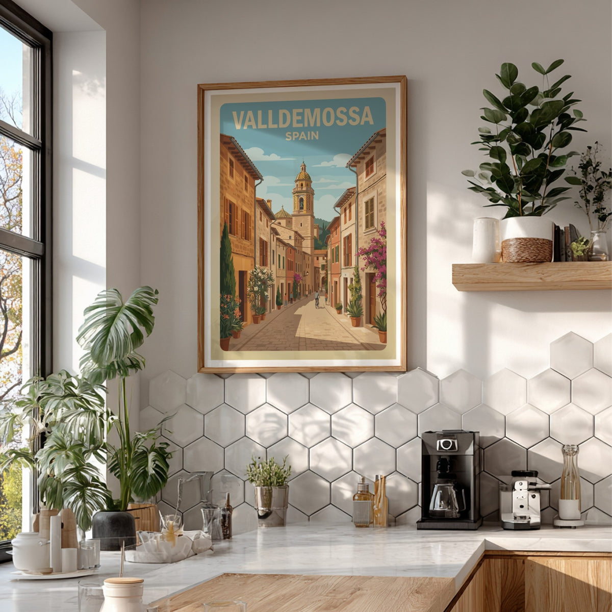 Poster of Valldemossa Spain showing a cobblestone street, stone buildings, and church tower.