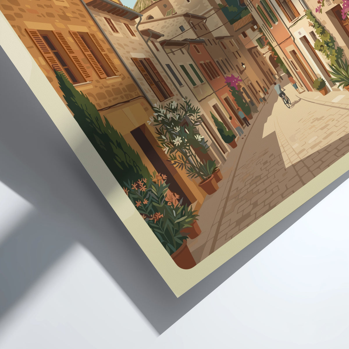 Poster of Valldemossa Spain showing a cobblestone street, stone buildings, and church tower.