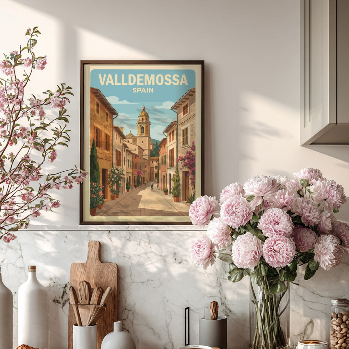 Poster of Valldemossa Spain showing a cobblestone street, stone buildings, and church tower.