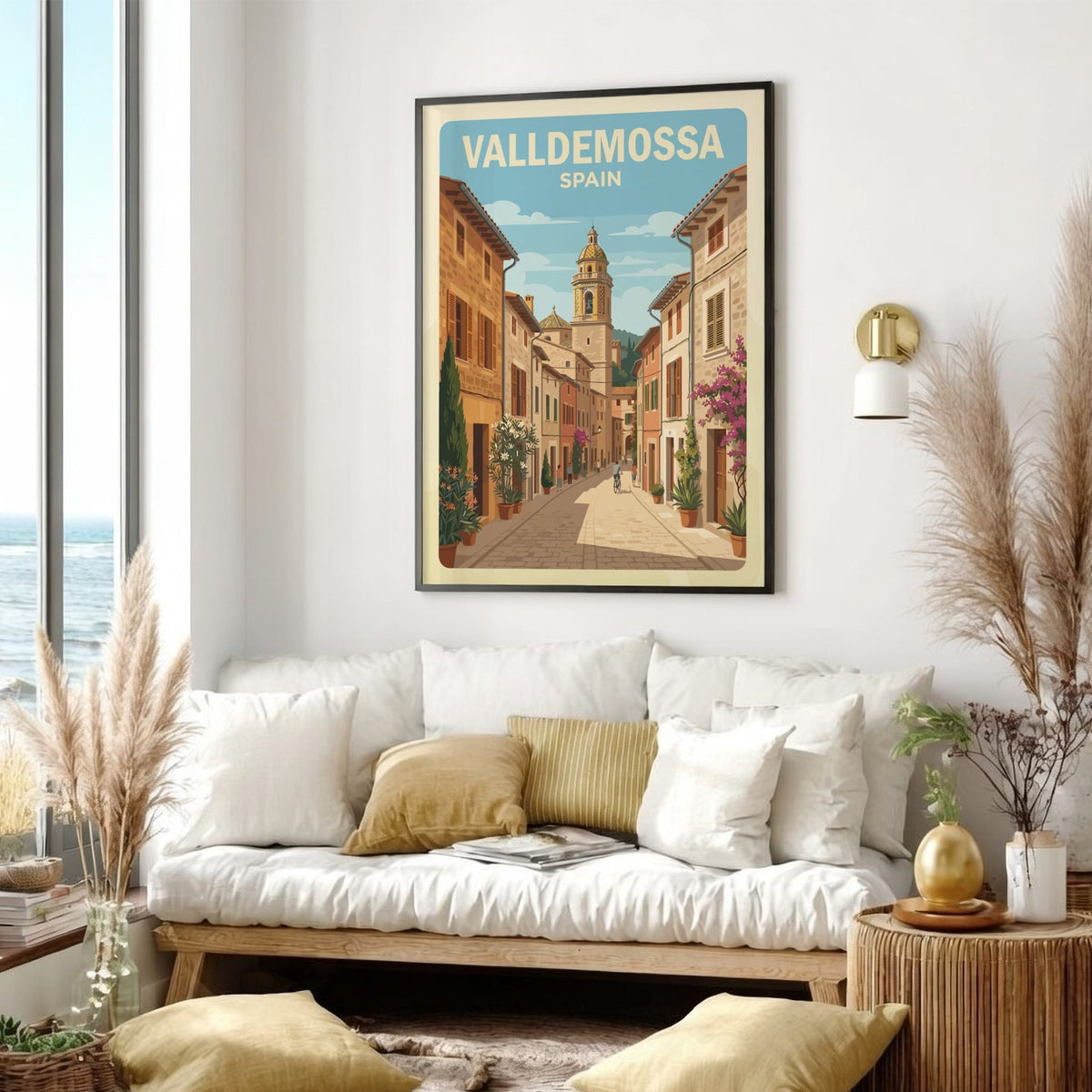 Poster of Valldemossa Spain showing a cobblestone street, stone buildings, and church tower.
