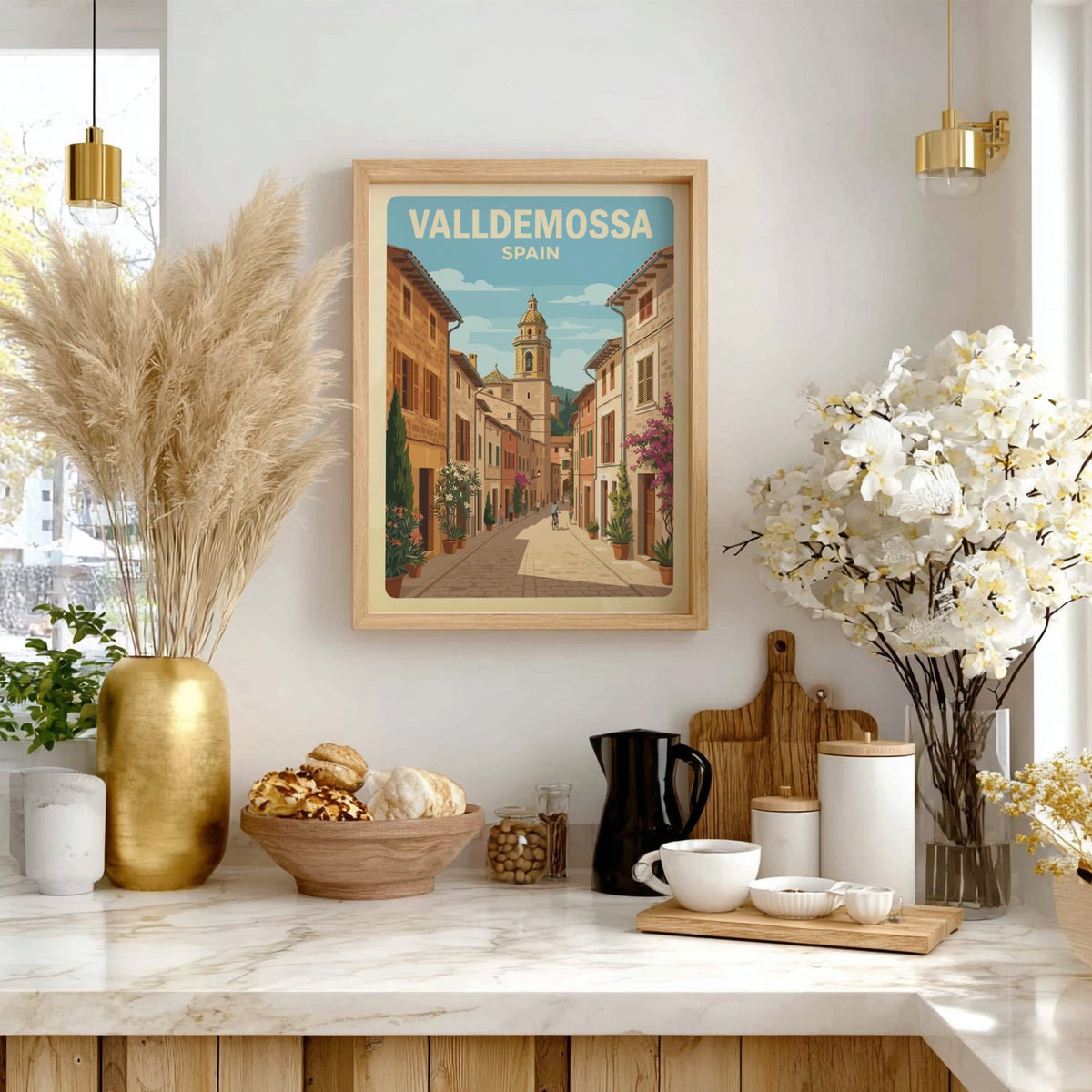 Poster of Valldemossa Spain showing a cobblestone street, stone buildings, and church tower.