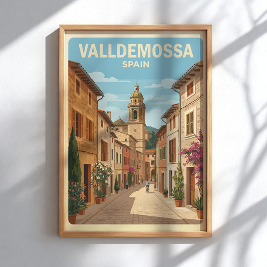 Poster of Valldemossa Spain showing a cobblestone street, stone buildings, and church tower.